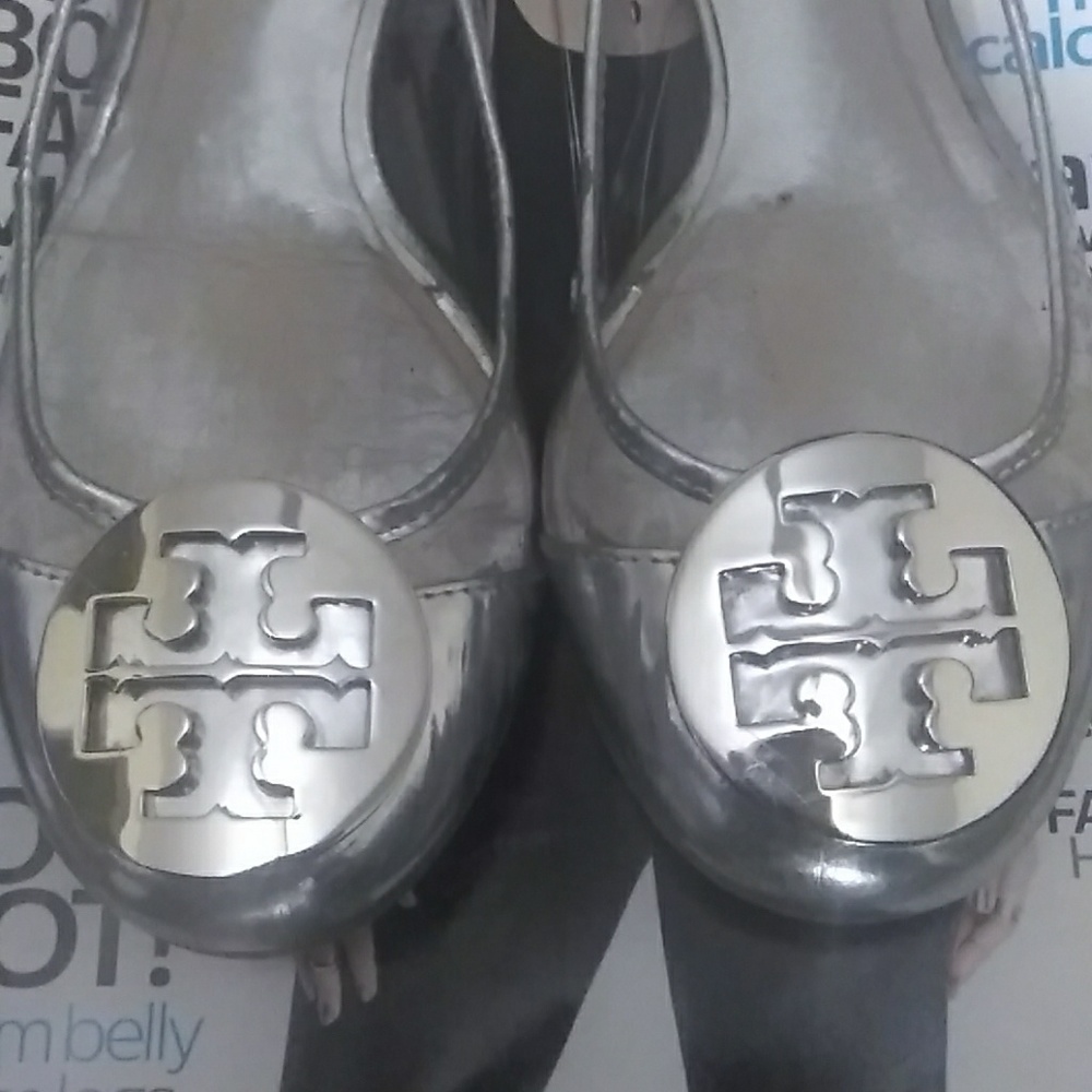 Tory Burch metallic silver and clear loafers
